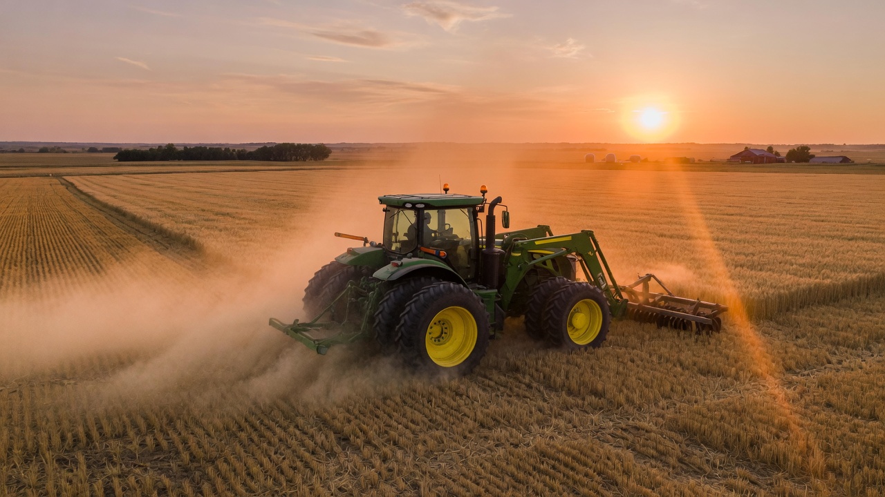 Agricultural tractor working in the field